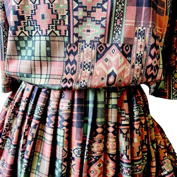 Vintage 80s Womens Size 6 Southwest Blouson Midi Dress Aztec Pink Blue‎ Pleated - Picture 2 of 11